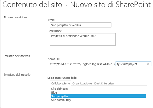 Schermata di creazione dei siti secondari di SharePoint 2016