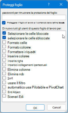 Finestra di dialogo Proteggi foglio
