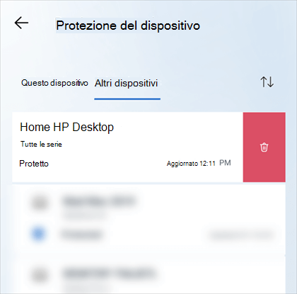 Nel dispositivo mobile scorri rapidamente verso sinistra su un dispositivo, quindi seleziona l'icona Rimuovi dispositivo dal lato destro della scheda del dispositivo.