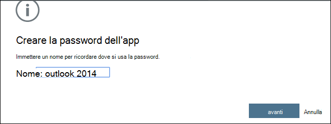 Pagina Crea password dell'app, con il nome dell'app che richiede la password