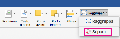 Per sciogliere un raggruppamento, fare clic su Separa nella scheda Formato forma o nella scheda Formato immagine.