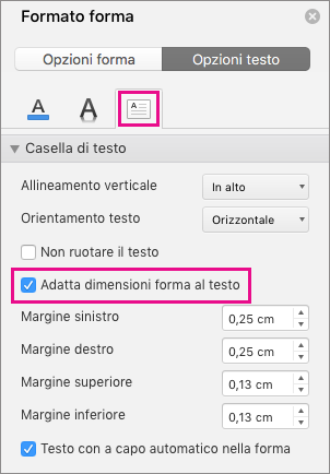 Opzione Adatta dimensioni forma al testo evidenziata nel riquadro Formato forma.