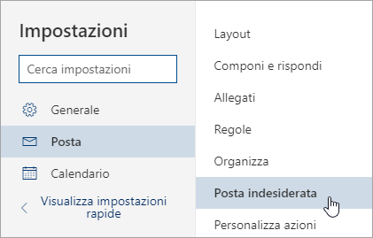 Screenshot del menu Impostazioni con Posta indesiderata selezionata