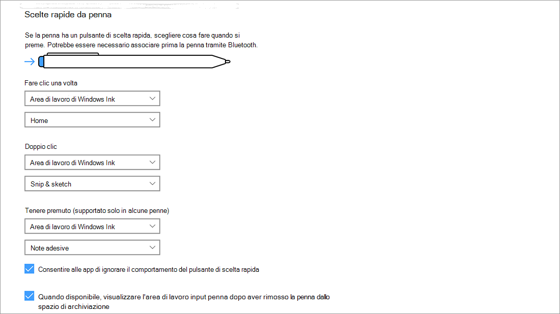 Impostazioni dei tasti di scelta rapida della penna in Start > Impostazioni > Dispositivi > Penna e Windows Ink.