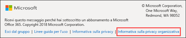 Piè di pagina del messaggio di benvenuto dei gruppi di Office 365 guest