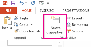 L'opzione Nuova diapositiva è nella scheda Home.