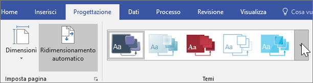 Schermata delle opzioni di Progettazione > Temi sulla barra degli strumenti