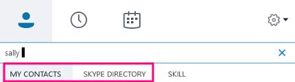 Quando si inizia a digitare nella casella di ricerca di Skype for Business, le schede sottostanti diventano Contatti personali e Directory Skype.