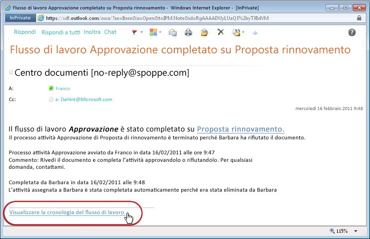 Notifica di completamento del flusso di lavoro con collegamento cronologia evidenziato