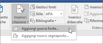 Selezionare Inserisci citazione e scegliere Aggiungi nuova fonte