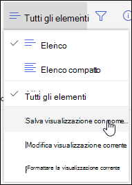 SharePoint Opzione Salva con nome del menu Visualizzazione elenco online