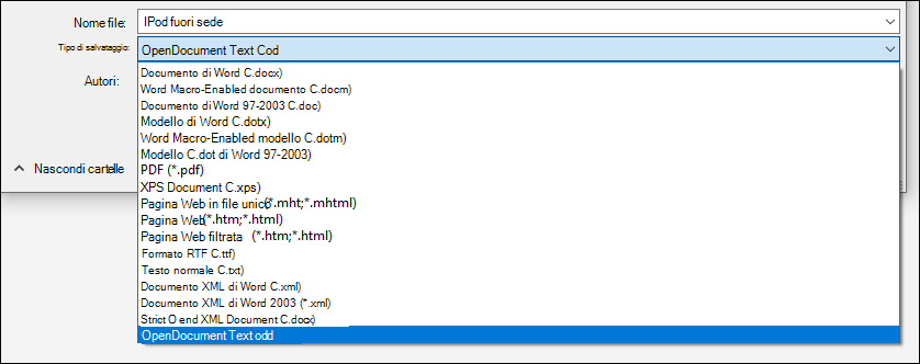 Elenco dei formati di file di Word con il formato ODT evidenziato