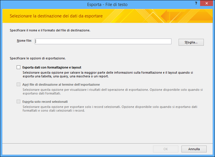 Selezionare le opzioni di esportazione nella finestra di dialogo Esporta - File di testo.