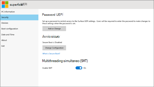 Schermata della Sicurezza nella UEFI di Surface.