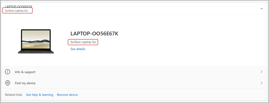 Visualizza le informazioni sul modello del dispositivo Surface nel tuo account Microsoft.