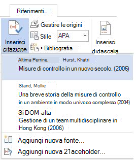 Elenco a discesa Inserisci citazione