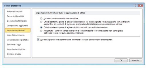 Area Impostazioni ActiveX di Centro protezione