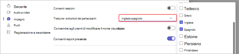 Opzione riunione che mostra come aggiungere lingue per i sottotitoli tradotti in tempo reale in un evento.