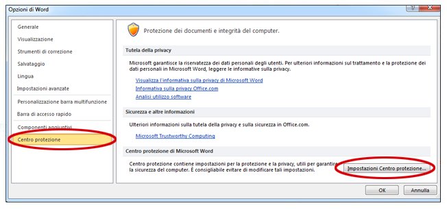 Opzioni di Word con le impostazioni del Centro protezione