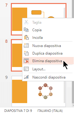 Fare clic con il pulsante destro del mouse su una diapositiva e scegliere Elimina diapositiva