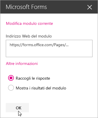 Una volta creato, il riquadro della web part Microsoft Forms visualizza l'indirizzo Web del modulo.