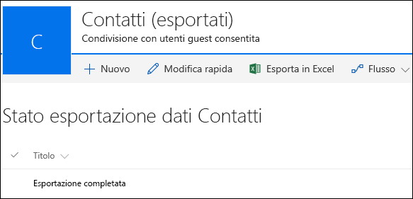 Elenco di SharePoint con record intitolato Esportazione completata