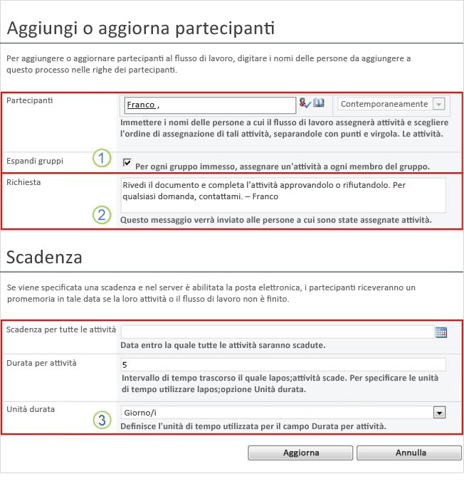 Modulo di modifica per attività future