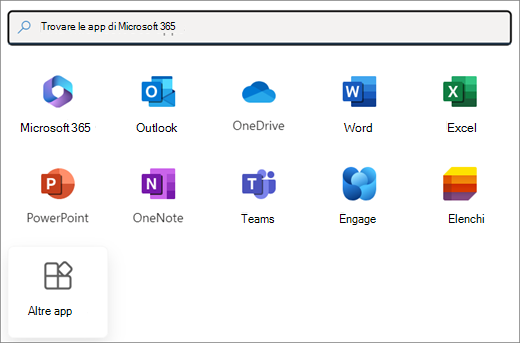 Una selezione di app di Microsoft 365. L'ultimo riquadro è Altre app.