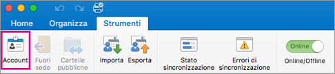 Pulsante Account nella scheda Strumenti