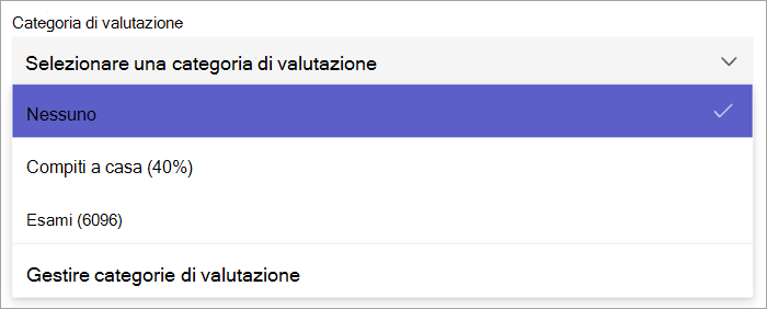 screenshot dell'elenco a discesa categoria di valutazione nella creazione di attività