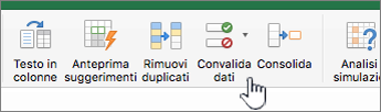 Menu di dati della barra degli strumenti di Excel con l'opzione Convalida dati selezionata