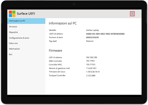 Schermata di errore di avvio di Surface UEFI