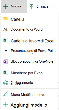 Per creare un nuovo file in una raccolta documenti, aprire il menu Nuovo e selezionare il tipo di file desiderato.