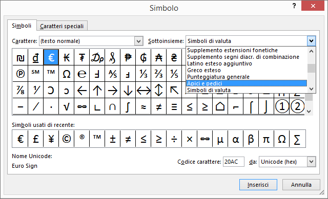 Mostra il subset Pedici e apici nella finestra di dialogo Simbolo in PowerPoint