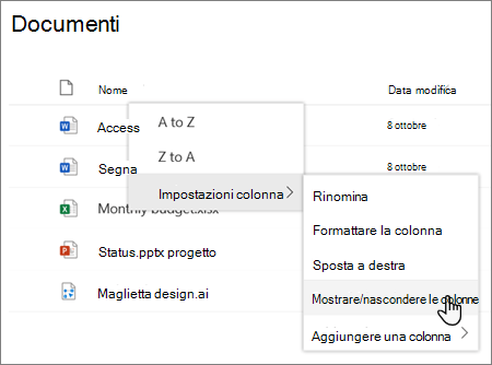 Impostazioni colonna >'opzione Mostra/Nascondi colonne quando è selezionata un'intestazione di colonna in un elenco o in una raccolta moderna di SharePoint