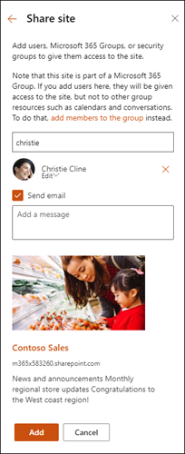 Riquadro Condividi sito con il membro aggiunto.