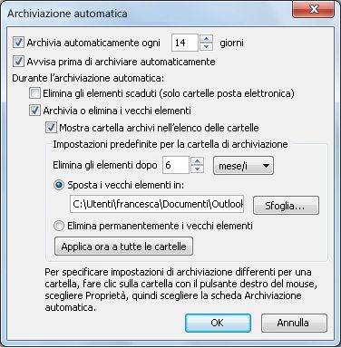 Finestra di dialogo Impostazioni archiviazione automatica