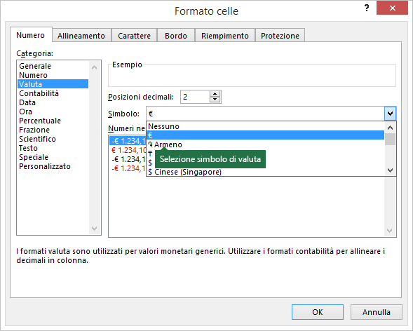 Selezione dei simboli di valuta dalla finestra di dialogo Formato celle