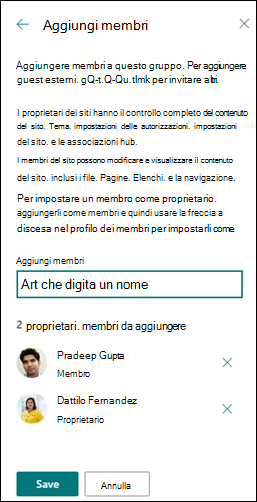 Anteprima dell'aggiunta di membri a un sito di SharePoint