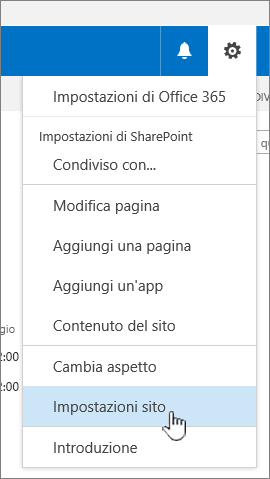 Opzione Impostazioni sito nel pulsante Impostazioni