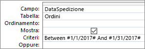 Espressione nella riga Criteri della griglia query