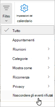 Screenshot del filtro nel calendario che mostra Nascondi eventi rifiutati dall'elenco a discesa