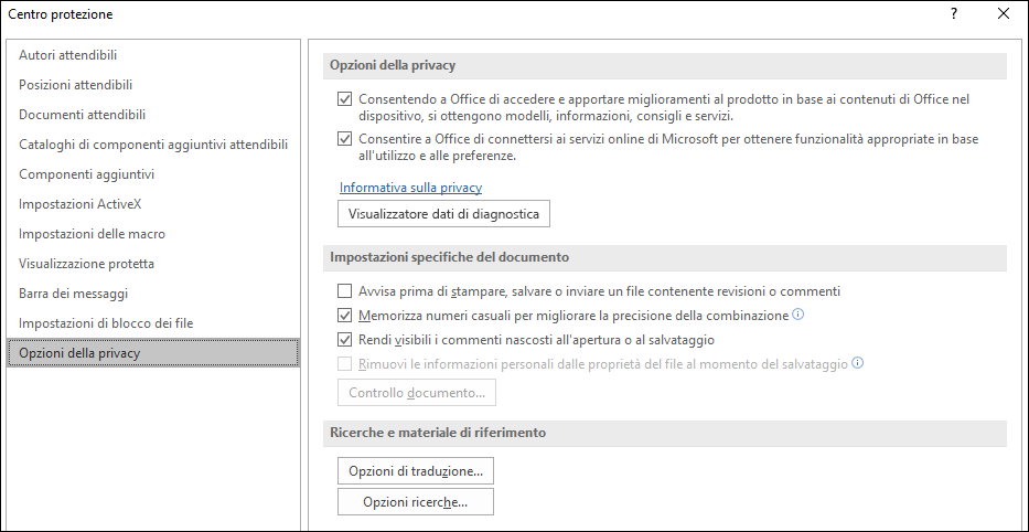 Opzioni relative alla privacy del Centro protezione di Office