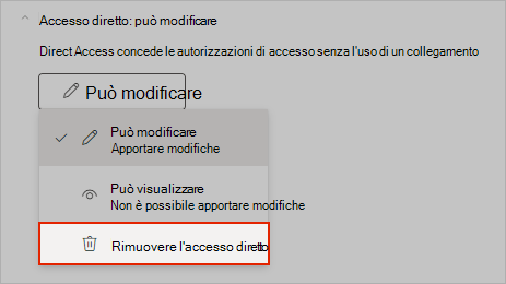 Screenshot di OneNote che mostra come rimuovere l'accesso di condivisione diretta