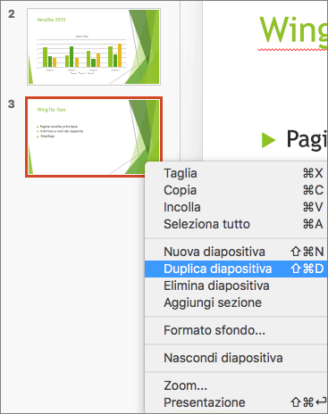 Screenshot che mostra una diapositiva selezionata e l'opzione Duplica diapositiva selezionata nel menu di scelta rapida.