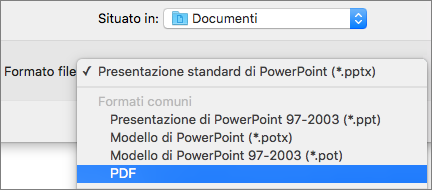 Mostra l'opzione PDF nell'elenco dei formati di file nella finestra di dialogo Salva con nome in PowerPoint 2016 per Mac.