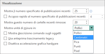 Impostazioni di visualizzazione avanzate che consentono la modifica delle unità di misura.