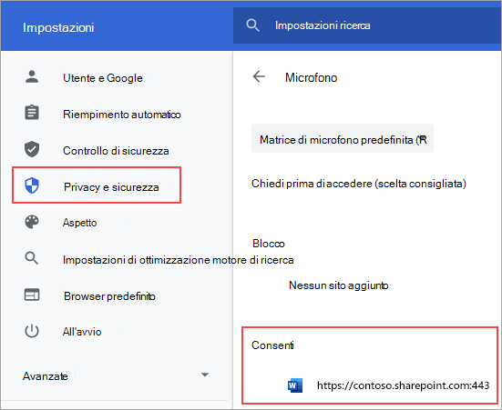 Pagina delle impostazioni delle autorizzazioni del microfono per Chrome