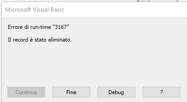 Messaggio di errore che indica che il record è stato eliminato.