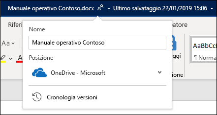 Menu a discesa del titolo del documento in Word per Office 365